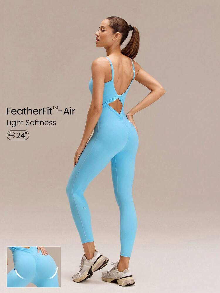 24" FeatherFit™-Air Make The Cut Knotted Back Butt Scrunch Jumpsuit Bodysuit Low Impact Yoga Pilates Daily Removable Cups Spring Summer