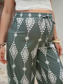 SHEIN 几何印花阔腿裤，百搭孕妇裤，夏季新品 - 軍綠色 - 查看 6