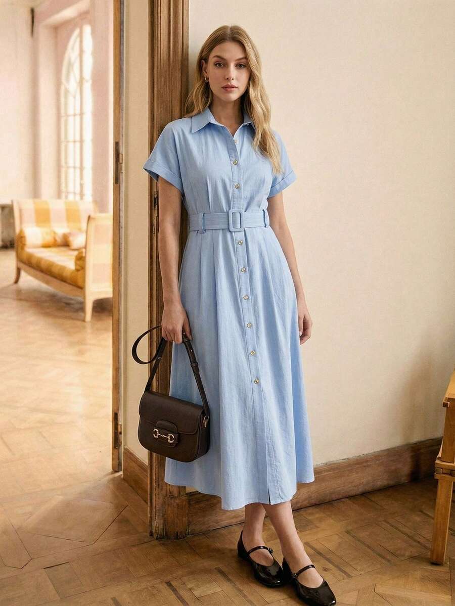 BizChic 蓝色翻领纽扣衬衫裙，现代优雅都市通勤日常浪漫90年代复古风，适合圣诞节、新年、情人节派对、海滩、毕业典礼、时尚、休闲、浪漫场合，也适合婚礼宾客、主人、约会、派对、音乐会、早午餐、机场等多种场合。 - 淺藍色 - 查看 1