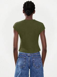 Lumivelle Camiseta blanca elegante y minimalista para mujer, adecuada para el uso diario, de moda y versátil - Verde militar - Ver 2