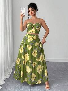Elenzga 大码两件套：优雅蓝色扭结抹胸上衣和百褶长裙，夏季度假风 - 彩色 - 查看 6