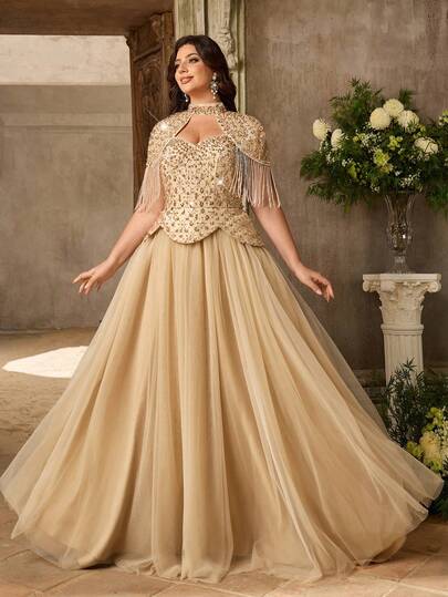 Aureia 大码优雅奢华香槟色心形领亮片串珠刺绣拼接流苏花朵蓬蓬裙，适合正式活动、晚宴、婚礼及所有正式场合（华丽装饰设计）