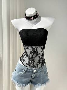 Elamini 黑色蕾丝透视露背连体衣，修身剪裁，优雅性感派对装，复古时尚，适合海滩和日常穿着。 - 黑色 - 查看 6