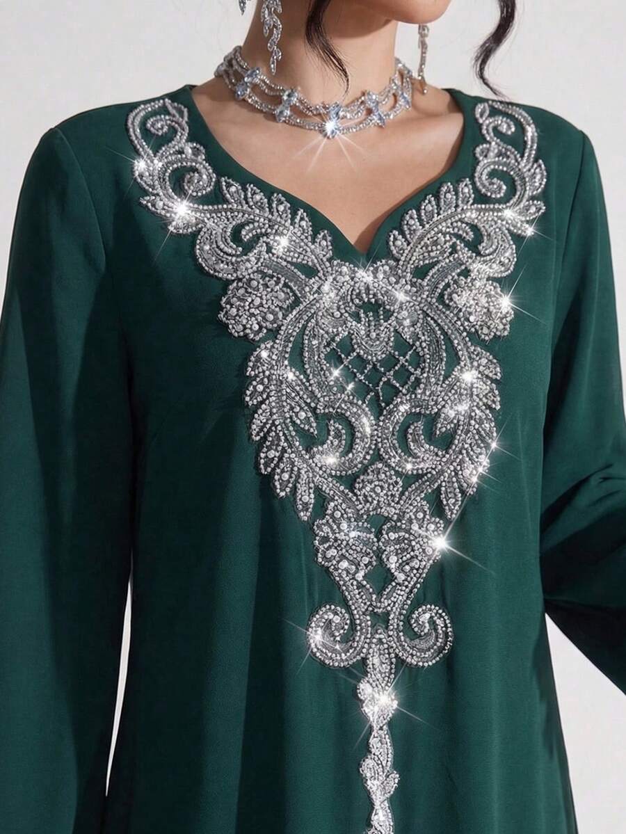 Al Najma Vestido maxi largo de manga larga holgado con bordados y cuentas lujosos, estilo tradicional turco y árabe - Verde Oscuro - Ver 1
