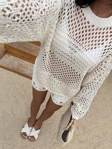 DAZY Women's Round Neck Hollow Out Loose Knit Sweater, Vacation & Casual Street Style, Spring & Summer - Beige - View 5