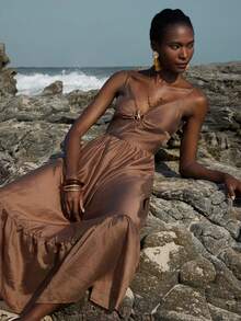 Breezaya New Metal Decor Vacation Style Spaghetti Strap Dress, Metal Decor On Chest, Sleeveless Long Beach Vacation Island Dress Dark Brown Summer Tropical - Brown - View 6