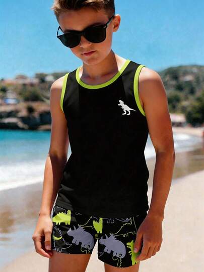 Bộ đồ thể thao thoải mái, tối giản dành cho bé trai tuổi teen, gồm áo ba lỗ cổ tròn và quần short, thích hợp cho mùa xuân/hè, đi nghỉ mát, họa tiết khủng long kỷ Jura cổ điển và thời trang.