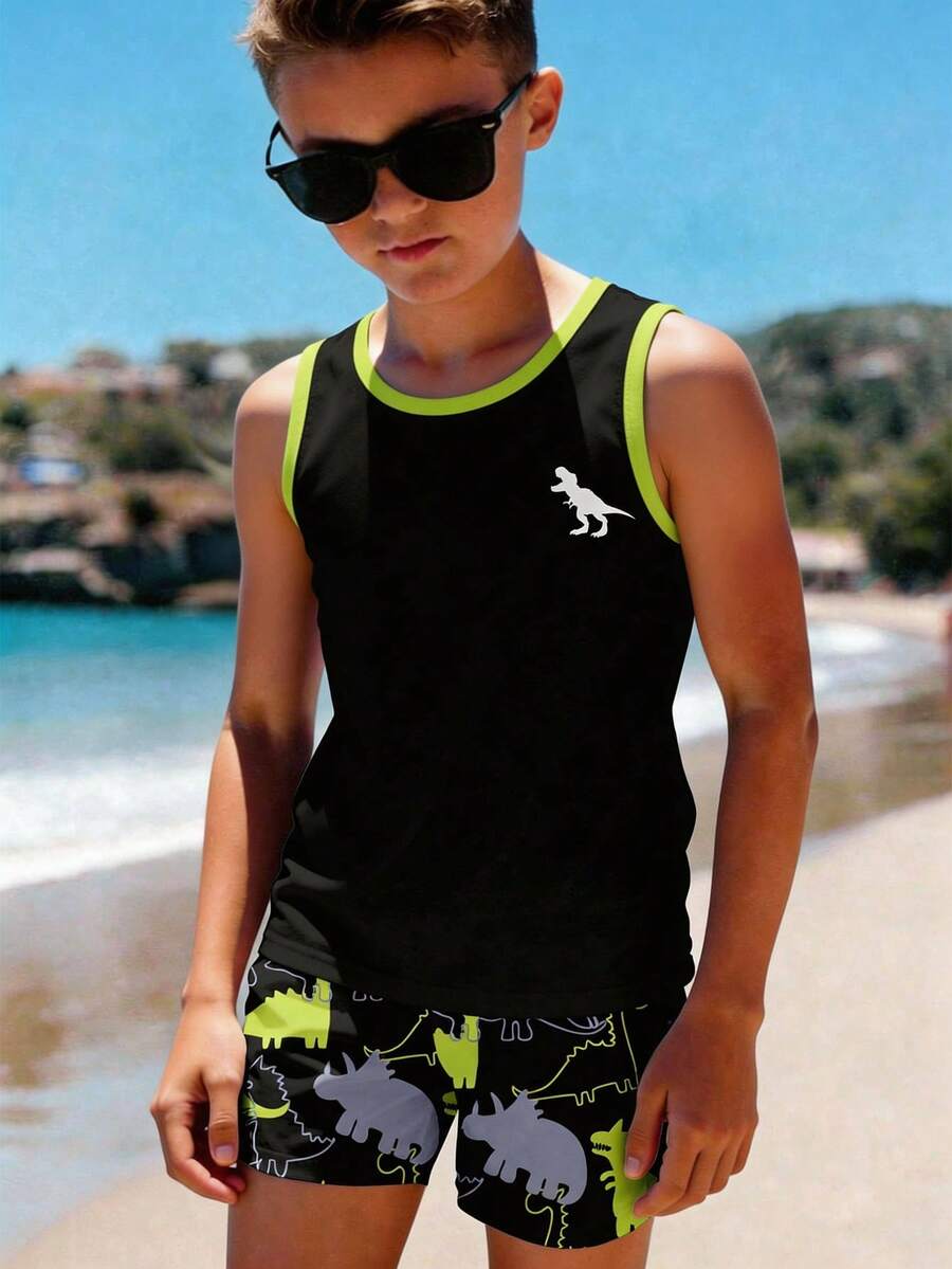 Tween Boy Casual Comfortable Minimalist Round Neck Tank Top & Shorts Set, Suitable For Spring/Summer, Vacation, Classic Stylish Jurassic Dinosaur Graphic Print - Multicolor - View 1