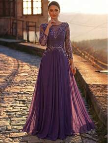 Aureia 优雅奢华的串珠亮片花卉刺绣网纱拼接弹力针织薄纱袖A字连衣裙，适合婚礼、派对、度假、新娘、新娘母亲、晚礼服等场合。 - 紫色 - 查看 6