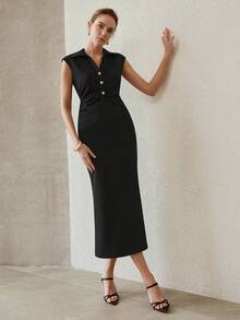 MOTF PREMIUM WOMEN'S RUCHED METAL BUTTON KNIT DRESS - Black - View 4