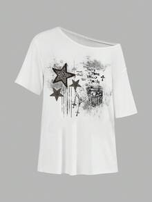 SHEIN EZwear 女士休闲简约印花露肩宽松短袖T恤 - 彩色 - 查看 3
