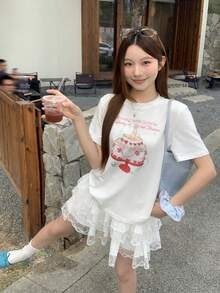 DAZY 女款圆领韩版短袖印花T恤 宽松图案T恤 - 白色 - 查看 8