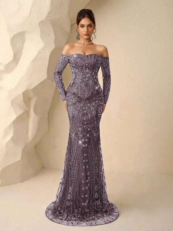 Coutiva Elegant Autumn And Winter Sequined Beaded Off-Shoulder One-Shoulder Long-Sleeved 2 In 1 Set With Mermaid Skirt Formal Evening Dress, Suitable For Wedding Guest Dress, Graduation Ceremony Dress, Birthday Dress, Autumn And Winter Party Dress, Music Festival Dress