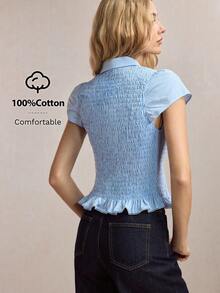 BizChic Camisa feminina azul com gola, botões frontais, mangas pétala e barra com babados. Ideal para o escritório, ocasiões formais, casuais, românticas, com estilo retrô dos anos 90, festas, formaturas, casamentos, como convidada, madrinha, anfitriã e uso diário. - Azul - Ver 6