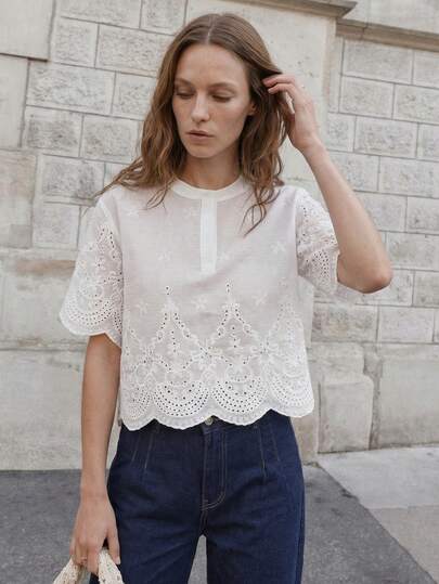CielaLinda 女士白色刺绣衬衫镂空纯色刺绣短袖上衣