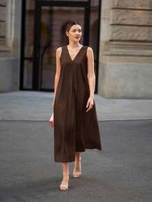 Ontre 女教师套装，独立日，机场时尚，舒适休闲风，V领，无袖，女士长裙，浅粉色，前后不对称设计，喇叭裙，春夏服装，日常穿着，2026新款，舒适休闲连衣裙，休闲装，宽松版型 - 棕色 - 查看 2