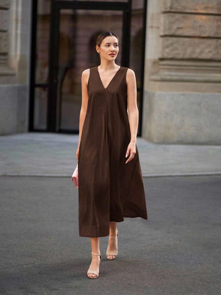 Women's Teacher Outfit, Independence Day, Women's Airport Fashion, Comfortable Casual Style, V-Neck, Sleeveless, Women's Long Dress, Light Pink, Front And Back Uneven Dress, Flared Skirt, Flared Skirt, Spring/Summer Clothing, Everyday Wear, 2026 New Arrival, Comfortable Casual Dress, Casual Wear, Loose Fit,Summer Dresses For Women