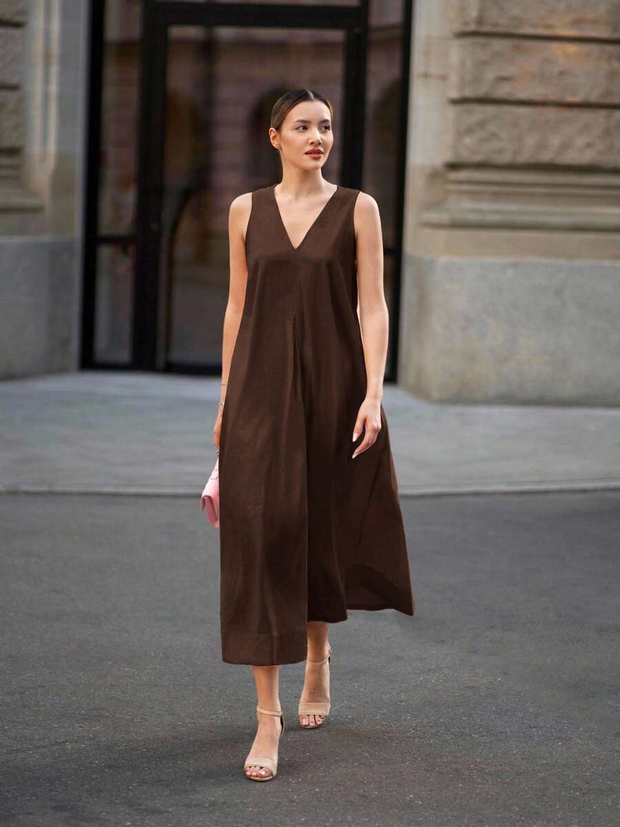 Ontre 女教师套装，独立日，机场时尚，舒适休闲风，V领，无袖，女士长裙，浅粉色，前后不对称设计，喇叭裙，春夏服装，日常穿着，2026新款，舒适休闲连衣裙，休闲装，宽松版型 - 棕色 - 查看 1