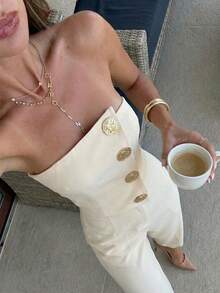 Firerie Bộ đồ nữ màu trơn gồm áo crop top trễ vai, cài cúc kim loại và quần cạp cao xếp ly, trang phục công sở gợi cảm và thanh lịch, thích hợp cho mùa xuân/hè, đi làm, các buổi lễ hội âm nhạc, hẹn hò lãng mạn, tiệc tùng, mùa cưới, lễ tốt nghiệp, dạ hội, biểu diễn, hòa nhạc, đồng phục công sở và nhiều dịp khác. - Màu be - Xem 4