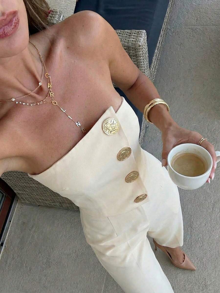 Firerie 女士纯色露肩金属纽扣装饰褶皱短款上衣和高腰裤套装，性感优雅的办公室穿搭，春夏服装，适合通勤、优雅、性感、音乐节、浪漫约会、派对、婚礼季、毕业典礼、毕业舞会、演出服、演唱会、工作制服等场合。