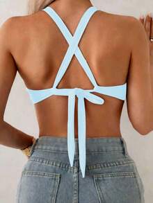 SHEIN Swim 女士纯色交叉后背带简约休闲比基尼上衣 - 淺藍色 - 查看 2