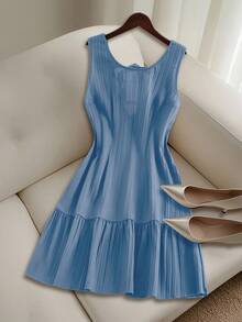 GlowEve CURVE 大码女式纯色纹理无袖露背蝴蝶结A字荷叶边迷你连衣裙，休闲百搭，夏季必备 - 藍色 - 查看 3