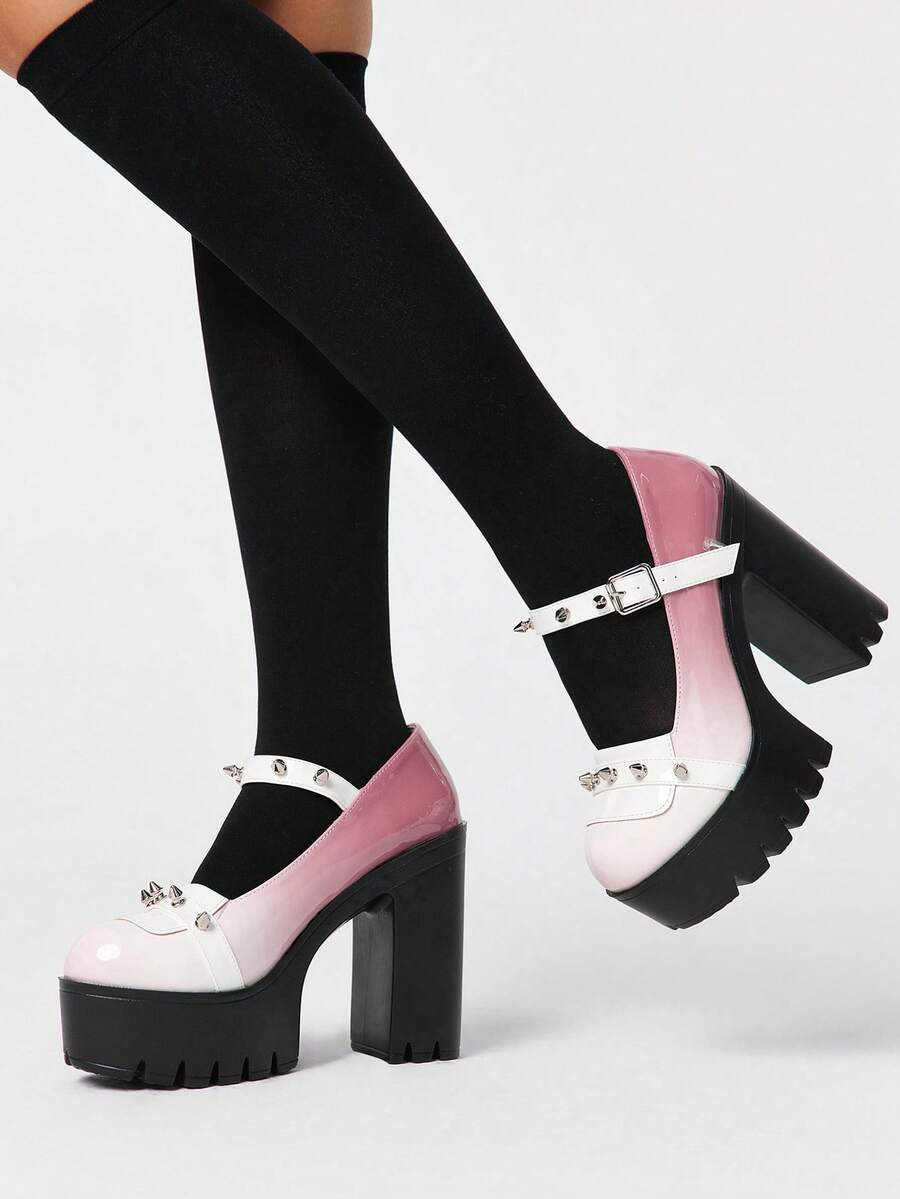 ROMWE Grunge Punk 女士性感厚底粗跟鞋，时尚纯色鞋款，适合春秋季穿着，配有搭扣带、尖头、铆钉装饰搭扣、可调节搭扣踝带，高跟玛丽珍鞋，适合假日、派对、约会等场合。 - 漸變粉 - 查看 1