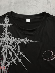 ROMWE MEN Street Life 青少年男童圆领字母十字印花休闲百搭日常短袖T恤 - 黑色 - 查看 3