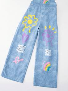 Tween Girls' Casual Everyday Commute Vacation Cute Cartoon Print Loose Jumpsuit - Blue - View 5