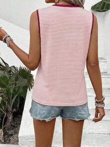 EMERY ROSE Women's Spring/Summer New Casual Round Neck Sleeveless Contrast Collar & Cuff Striped Print Pattern Tank Top - Multicolor - View 2