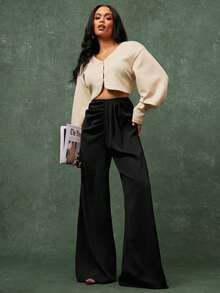 Pantalones elegantes de cintura alta con diseño plisado y corte acampanado para mujer - Negro - Ver 3