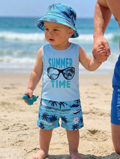 SHEIN Baby Boy Casual Minimalist Fashion Versatile Coconut Tree Tropical Plant Tie-Dye Vacation Style Beach Sporty Loose Soft Comfortable 2 Pieces Vest & Shorts Set, Suitable For Spring & Summer