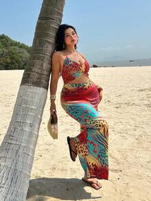 Sunnyshic Plus Size Women Leopard Print Metal Starfish Decor Hollow Out Sexy Halter Dress - Multicolor - View 5