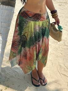 Sunnyshic Plus Size Vintage Asymmetrical Hem Mesh Skirt, Spring/Summer - Multicolor - View 4