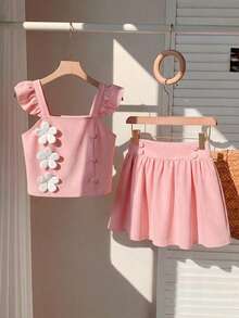 Bộ 2 món cho bé gái tuổi teen, kiểu công chúa ngọt ngào, áo vest và quần short dệt kim màu trơn, thích hợp cho mùa xuân/hè, trang trí hoa và nấm 3D, tay áo bèo nhún, phù hợp cho mặc thường ngày. - Hồng - Xem 4