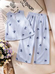 女童休闲条纹蝴蝶结印花褶皱无袖上衣搭配宽松直筒裤套装，春夏活力日常穿搭 - 藍色 - 查看 2