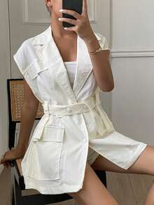 DAZY Women's Solid Color Lapel NeckSingle-Breasted Casual Thin Blazer Summer - White - View 6