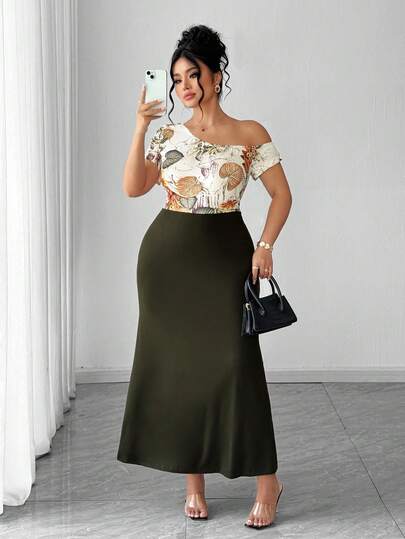 Elenzga Đầm hè dáng ôm eo thanh lịch phối màu cổ bất đối xứng dành cho nữ cỡ lớn