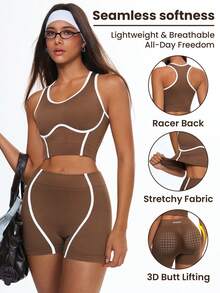 Glamine Women's Brown Seamless 2 Piece Set, Sports Bra Crop Top And High Waist Biker Shorts, White Contrast Trim, Stretchy Ribbed Workout Yoga Gym Activewear, Brown Workout Sets Women, Athletic Two Piece Set, Brown Sports Bra And Shorts Set, Brown Athletic Set, Brown Activewear Set - Coffee Brown - View 7