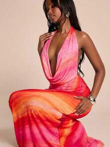 SHEIN BAE Pink And Orange Gradient Print Spaghetti Strap Backless Bodycon Dress,Elegant Vacation Summer Beach Long Dress, Birthday Party Dresses For Women - Orange - View 6