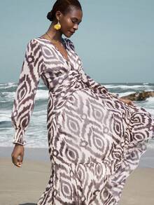 Aveloria Breezaya Women Maxi Dress Chiffon Printed Fabric High Waist A-Line V Neck Ruched Drawstring Detail Bohemian Vacation Elegant Retro Brown Dress Vacation Outfits For Women Elegant Dresses For Women Brown Dress - Multicolor - View 7