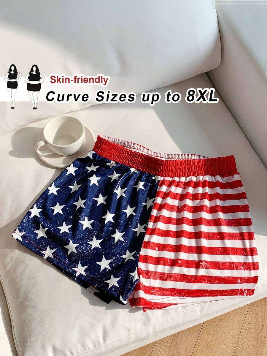 SHEIN CURVE+ Plus Size Women's July 4th American Flag Style Casual Printed Shorts - Multicolor - View 1