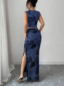 Rafferiza Women's Elegant Tie Dye Gradient Mesh Camisole Sleeveless Fitted Slit 2 Pieces Set - Navy Blue - View 2