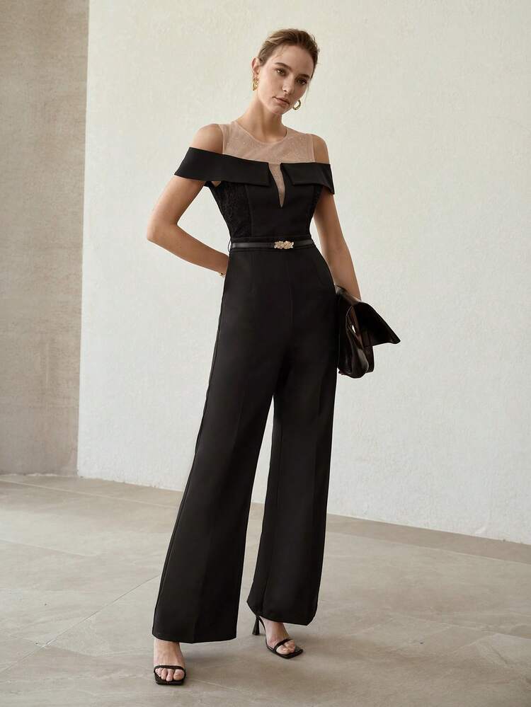 FASHIONABLE & ELEGANT SHEER RHINESTONE COLD SHOULDER JUMPSUIT FOR WOMEN