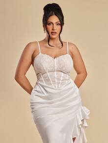 SHEIN BAE Plus Size Women's Elegant White Summer Wedding Silky Satin Maxi Dress,Contrast Lace Corset Bodice,High Slit Ruffle Hem,Spaghetti Strap Party Gown - Multicolor - View 8