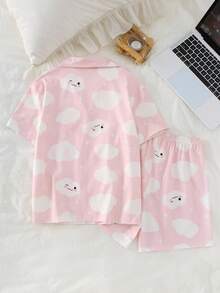 2pcs/Set Girls' Cute Elegant Pink Cloud Cartoon Print Cardigan Short Sleeve Pajama Set,Light Pink,Summer,Cute,Graphic,Home Wear,Sleep Homewear - Baby Pink - View 2