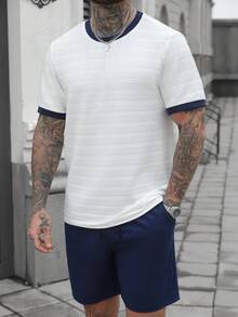 Manfinity Homme 男士舒适圆领短袖T恤套装（2件装）搭配抽绳松紧腰短裤，休闲百搭，适合度假、聚会、外出、运动、办公等场合，经典日系风格，春秋季节必备，自穿或送礼皆宜。 - 彩色 - 查看 6
