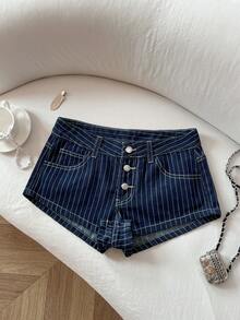 Elamini 女士低腰时尚条纹原色水洗牛仔短裤 - 深色水洗藍 - 查看 1