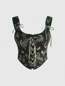 ROMWE Áo camisole dáng ôm, thắt dây, họa tiết bướm đêm, lá cây và rừng bí ẩn phong cách nhà tranh mùa xuân/hè cỡ lớn, in toàn thân theo kiểu Fairycore. - màu xanh lá - Xem 1