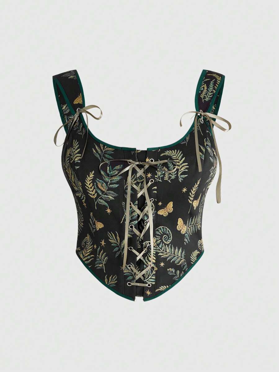 ROMWE Áo camisole dáng ôm, thắt dây, họa tiết bướm đêm, lá cây và rừng bí ẩn phong cách nhà tranh mùa xuân/hè cỡ lớn, in toàn thân theo kiểu Fairycore. - màu xanh lá - Xem 1